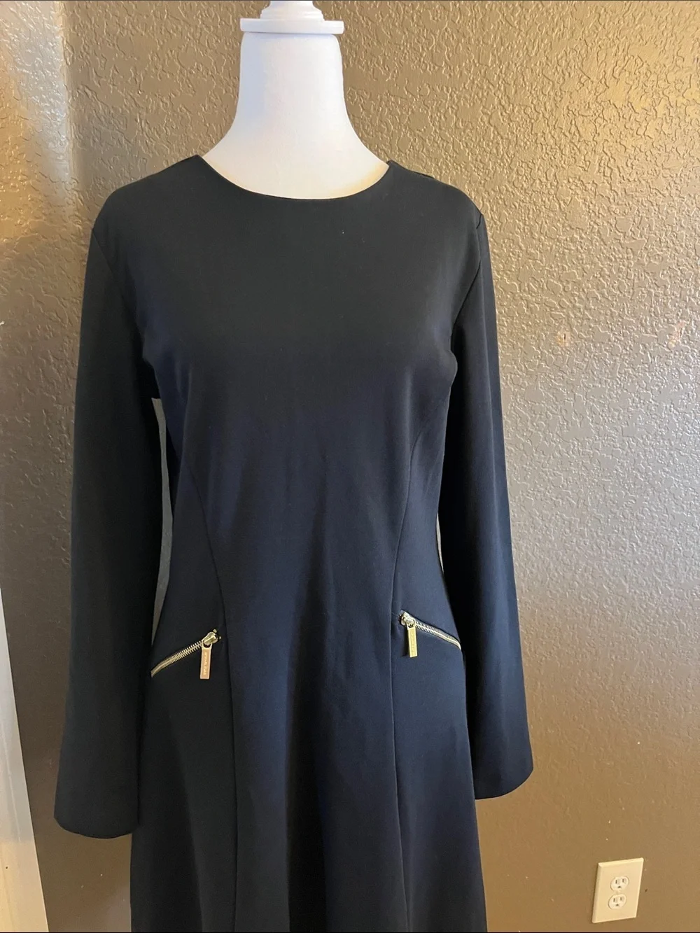 Michael Kors Black Long-Sleeve A-Line Dress with Gold Zip Detail